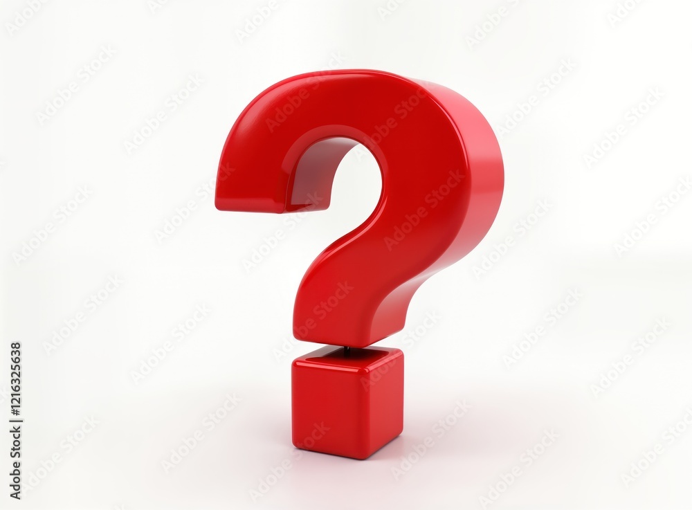 Poster Red question mark symbol stands on white background. Big 3D icon. Simple question mark shape. Creative design. Modern symbol. Question. Doubt. Inquiry. Searching. Thinking concept. Problem solving.