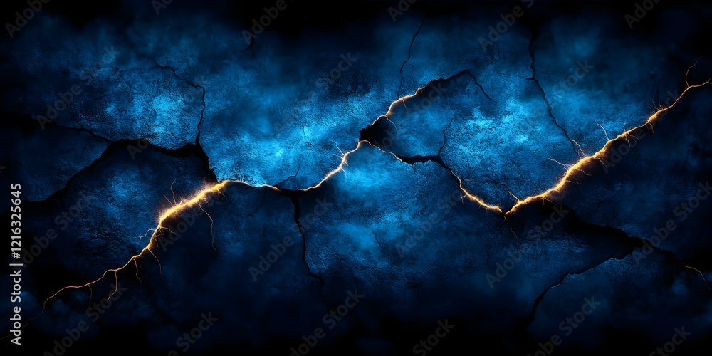 Poster a textured blue surface with cracks, featuring glowing yellow lightning-like patterns running throug