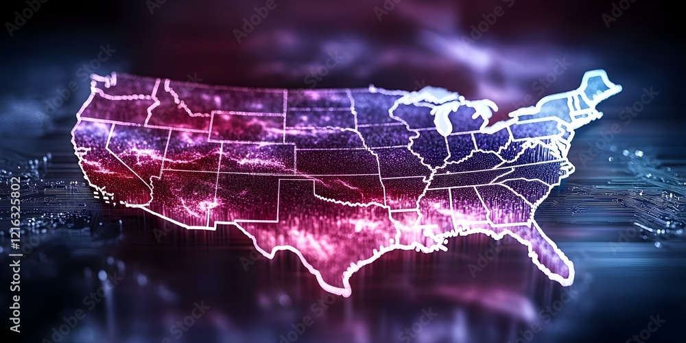 Poster a digital map of the united states with glowing circuits and vibrant colors, suggesting technology a