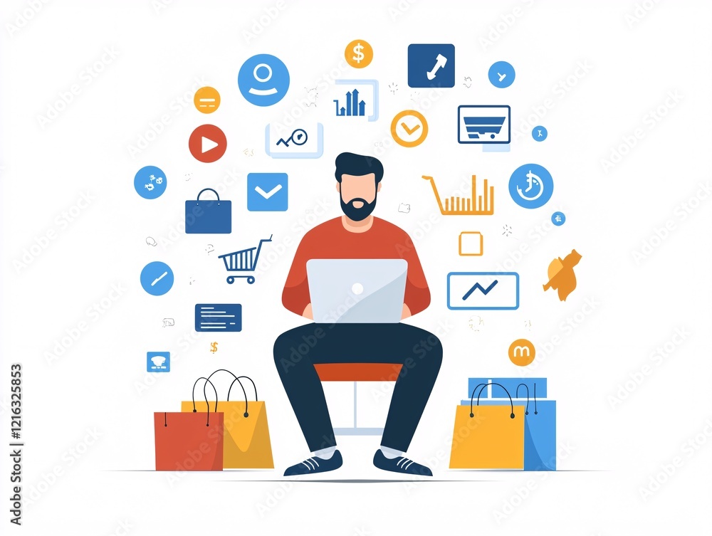 Poster a researcher conducting a consumer behavior study using digital tools, surrounded by charts and icon