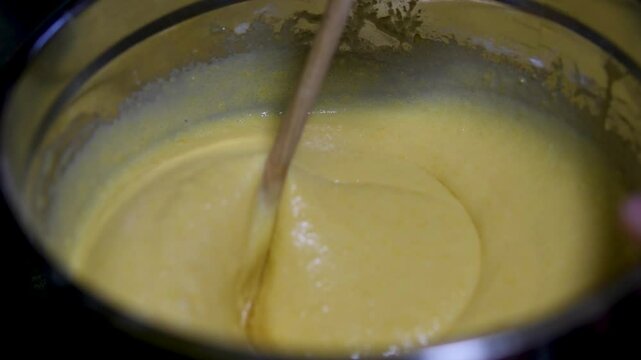 Kneading Dough With Whisk For Baking Cake. Chef Cook Dessert Mixing Dough. Pancake Culinary. Whisk Mixing Dough For Baking. Cook Mixes Flour With Eggs For Pancake. Preparing Breakfast In Home Kitchen