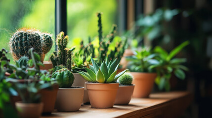 Indoor plants in various pots on wooden shelf, showcasing greenery and eco friendliness. scene evokes sense of tranquility and connection to nature