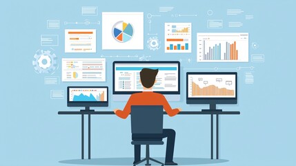 A digital marketing specialist working late at night, analyzing market evaluation metrics on multiple computer screens