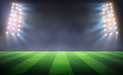 stadium Moving lights, animated flash with people fans. 3d render illustration cloudy sunset
