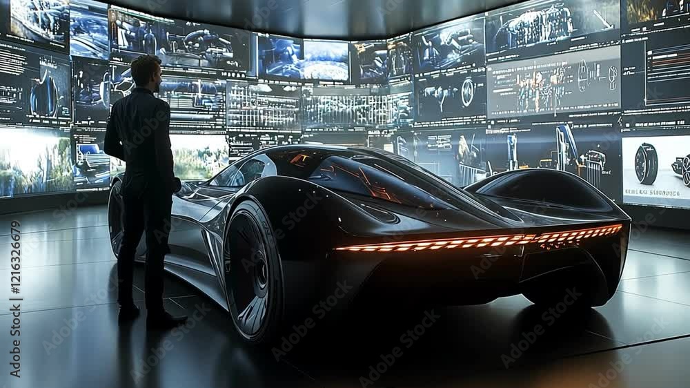 Poster futuristic car display in a high-tech environment with digital screens.