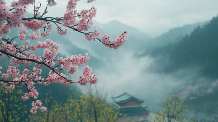 Blossoming cherry trees in spring with misty mountains and traditional building create serene landscape. vibrant pink flowers contrast beautifully with foggy backdrop