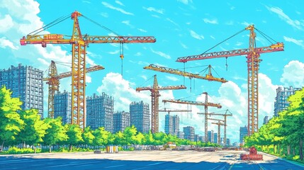 Naklejka premium Tower Cranes Dominating a Sunny Cityscape Under Construction