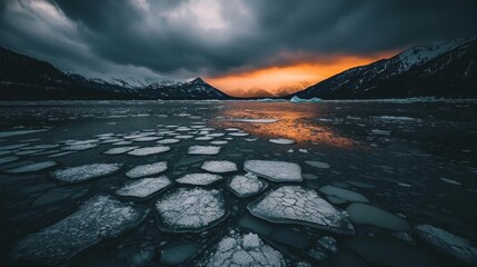 Fototapeta premium Dramatic Sunset Over Frozen Lake with Floating Ice and Snow-Capped Mountains in Winter Landscape