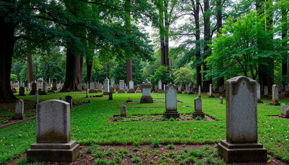 Obraz premium Serene cemetery with freshly washed gravestones in forest, remembrance