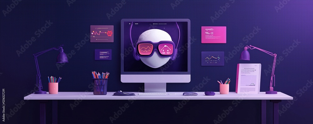 Poster a futuristic workspace showing interactive ai-driven marketing tools analyzing customer preferences 