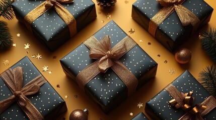 Festive elegance unveiled capture the essence of anticipation. black gift boxes donning golden ribbons, accompanied by sophisticated confetti set against a yellow background.