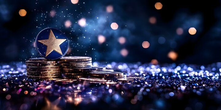 A stack of coins with a blue star coin on top, set against a sparkling, illuminated background. Concept Stacked Coins, Blue Star Coin, Sparkling Background, Illuminated Focus