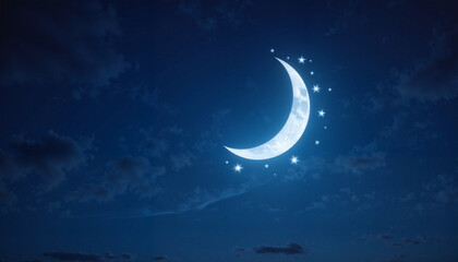 Naklejka premium Crescent moon with stars in blue night sky, symbol of Ramadan