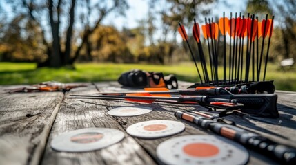 Archery equipment laid out on a range. Featuring a bow, arrows, and targets. Highlighting the archery practice and setup. Ideal for archery blogs and sports training guides.