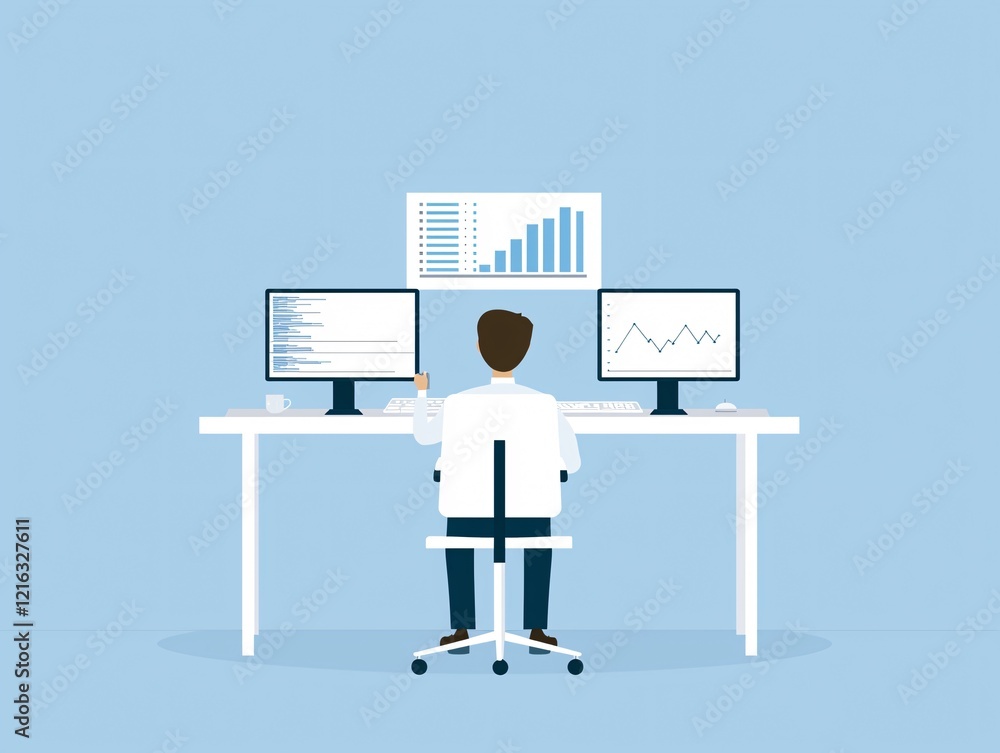 Poster a sleek visual of a data scientist coding predictive models for market forecasting on a multi-monito