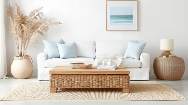 A living room with a white couch, a coffee table, and a few decorative items. The room has a beachy vibe with a blue and white color scheme