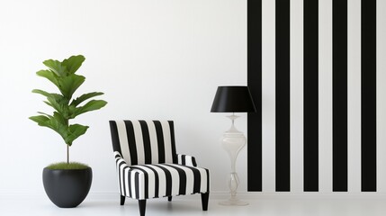A black and white striped room with a white wall and a black and white striped chair. A white lamp is on the floor next to the chair