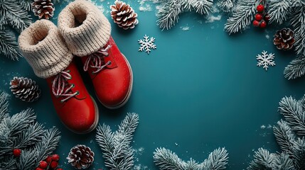 Festive getaway notion. a red suitcase, winter boots, a knitted scarf, fir branches, and snowflakes against a bright blue background with space for text or advertising your winter travel deals.