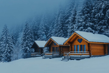 Valentine's Day - Snow-Covered Landscape With Heart-Shaped Trees And Warm Cozy Cabins
