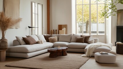 Fototapeta premium A living room with a white couch and a brown couch. The room has a cozy and comfortable atmosphere
