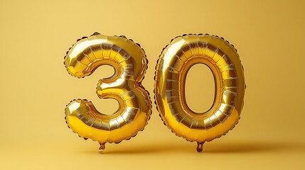 Festive golden number balloons forming the number 30 against a bright yellow background, creating a celebratory and cheerful atmosphere for a milestone birthday
