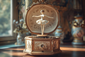 An antique music box featuring a porcelain ballerina dancer, intricately detailed and elegantly displayed.