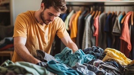 Fototapeta premium Eco-Friendly Man Sorting Clothes at Home for Reuse and Recycling