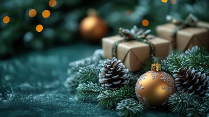 Festive holiday workshop Overhead shot of charming craft gift boxes, a rustic wooden ornament, pine cones, mistletoe berries, and snowy spruce twigs on a green backdrop with room for greetings or ads