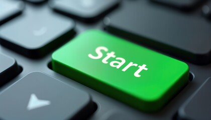 Close-up computer keyboard with bright green start button. Modern design. Symbol of initiating new task project. Digital interface concept. Ready for action. User interface element. Technology, tech.