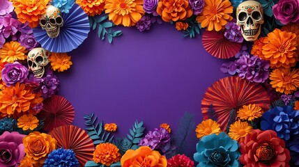 Festive Mexican Day of the Dead decorations featuring colorful paper fans, flowers, and bone elements against a purple backdrop