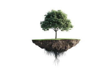 Floating island with a green tree and visible roots isolated on white or transparent, PNG