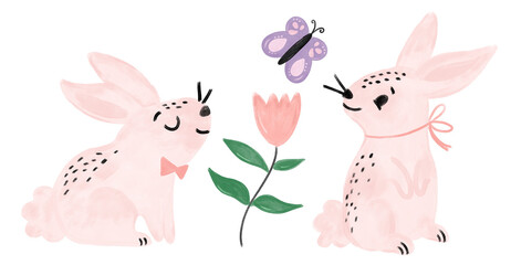 cute easter bunny rabbit couple in pastel pink peach purple soft color in the garden with flower butterfly spring valentines valentine day hand drawn drawing greeting card
