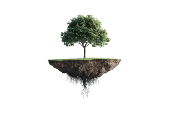 Floating island with a green tree and visible roots isolated on white or transparent, PNG