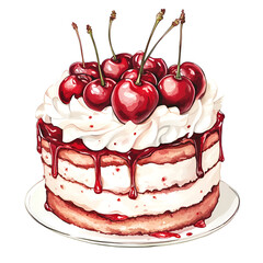 Watercolor Cherry Cake Illustration Decorated with Cherries for Valentine’s Day.