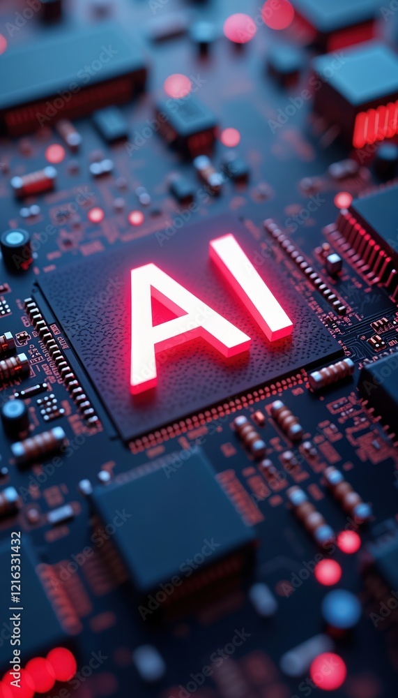 Poster Advanced AI tech circuit board glows with red light. Futuristic computing concept. Innovation in electronic components. Advanced technology, modern engineering. Intricate details. Digital pathway.