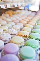 Fototapeta premium Colorful macarons with glitter sprinkles on top, arranged in rows and displayed at an outdoor market stall. 
