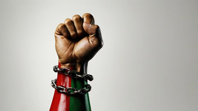 A raised fist with a chain wrapped around the wrist, painted with the colors of the Pan-African flag, symbolizing resistance and liberation.