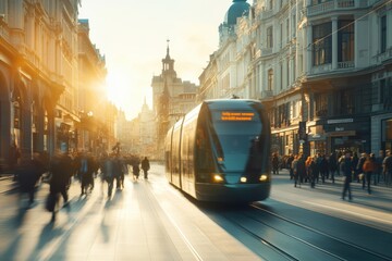 Fototapeta premium Modern tram traveling through a bustling historic city street at sunset with people walking and blurred motion creating a dynamic urban scene