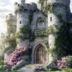 Naklejka premium Enchanted Stone Castle with Blooming Garden