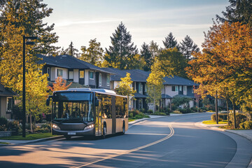 Obraz premium Public transit bus driving through a picturesque suburban neighborhood with autumn foliage and soft sunlight creating a warm and inviting scene