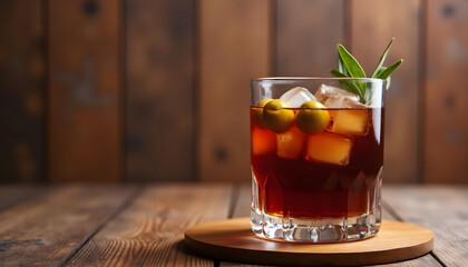 Vaso de vermut rojo con olivas de adorno y fondo de madera