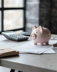 A pink piggy bank sits on a table surrounded by papers and a calculator, symbolizing savings and financial planning in a cozy office environment.