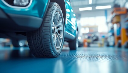 Close-up of Electric Car Tire in Modern Garage Setting With Sleek Design and Blurred Background