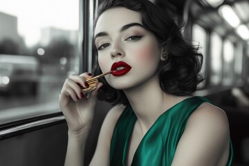 Elegant woman with dark hair and red lips applies lipstick while sitting on a vintage train.