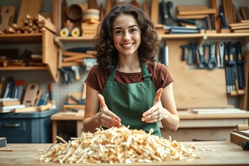 Smiling woman wearing an apron in a artisanal woodworking workshop, surrounded by tools and wood shavings, showcasing craftsmanship and creativity.