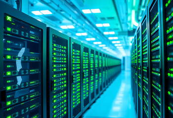 Data center, server room, neon blue and green lights, futuristic technology, rows of server racks, glowing LED displays, high-tech infrastructure, cyberpunk aesthetic, digital network, computer mainfr