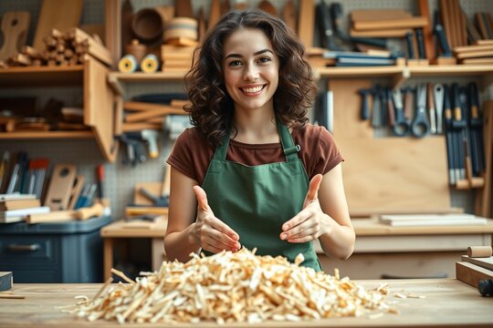 Smiling woman wearing an apron in a artisanal woodworking workshop, surrounded by tools and wood shavings, showcasing craftsmanship and creativity. - Powered by Adobe