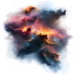 Cosmic dust clouds swirling in space, illuminated by starlight, creating a fog of particles drifting through the void