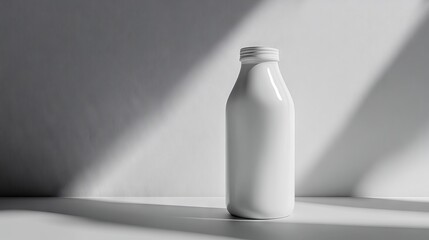 Elegant milk container mockup, crisp edges, neutral gray backdrop, structured shadow placement, high contrast lighting, minimalist composition, studio product shot