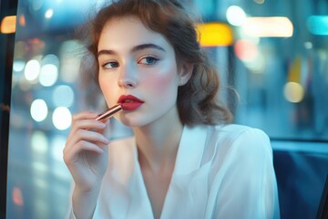 Fototapeta premium A young woman applies red lipstick, illuminated by city lights blurring in the background.